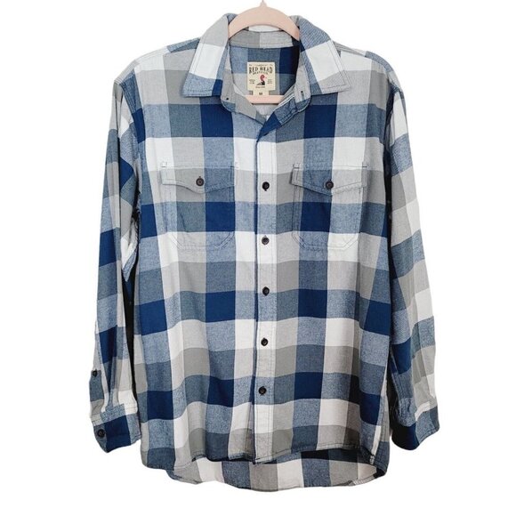 Red Head Men's Med Buffalo Check Plaid Flannel Shirt Button Up Blue Grey Casual - Picture 1 of 9
